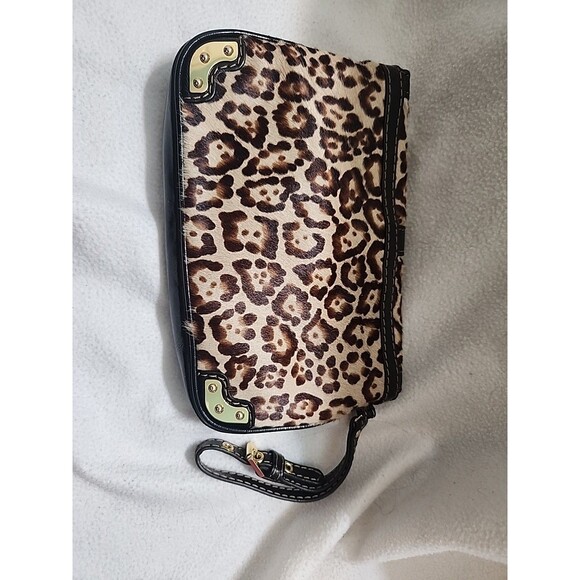 Rafe New York Leopard Print Black Tan Calf Hair Leather Clutch Wristlet - Picture 7 of 7